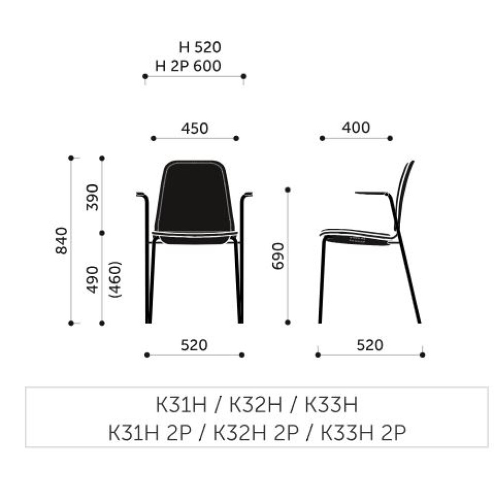 Konferenční židle K32H - rozměry