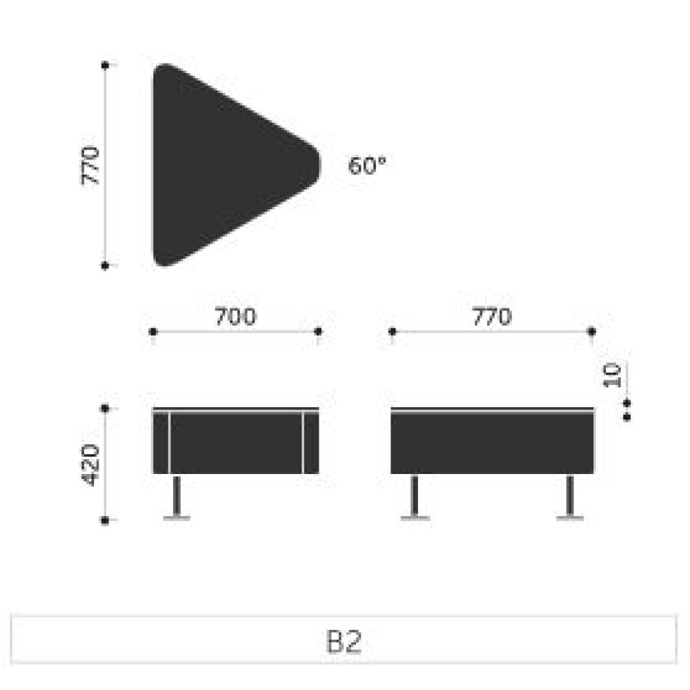 Trojúhelníkový stolek 60° WALL IN B2 - rozměry